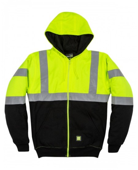 Berne HVF023   Men's Hi-Vis Class 3 Color Block Full-Zip Hooded Sweatshirt